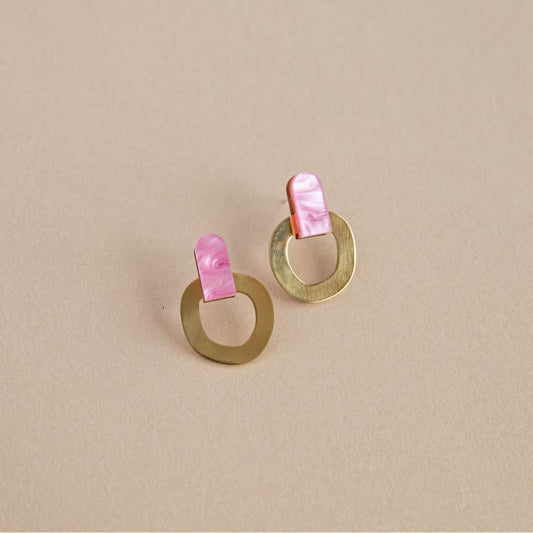 Around Brass Stud Earrings in Pink - The Little Jewellery Company
