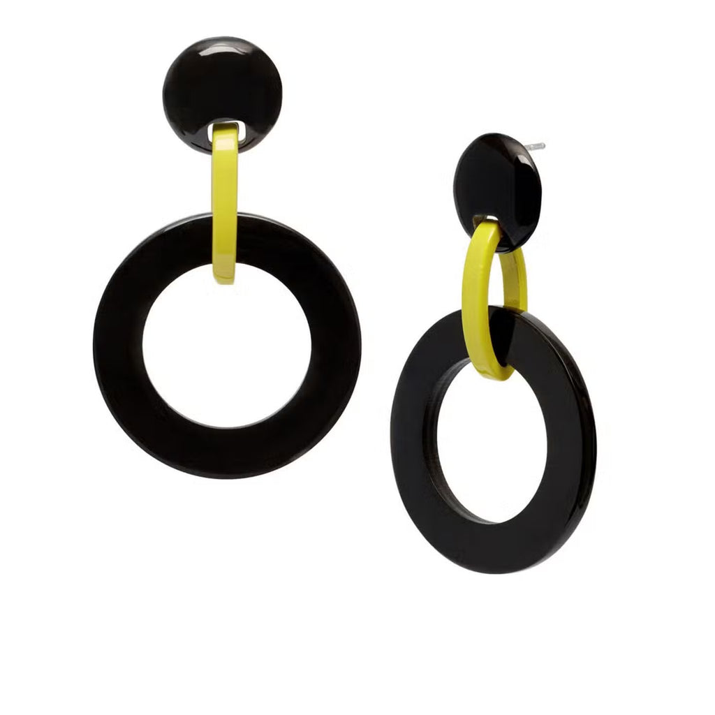 Black and Chartreuse Lacquered Round Link Earrings - The Little Jewellery Company