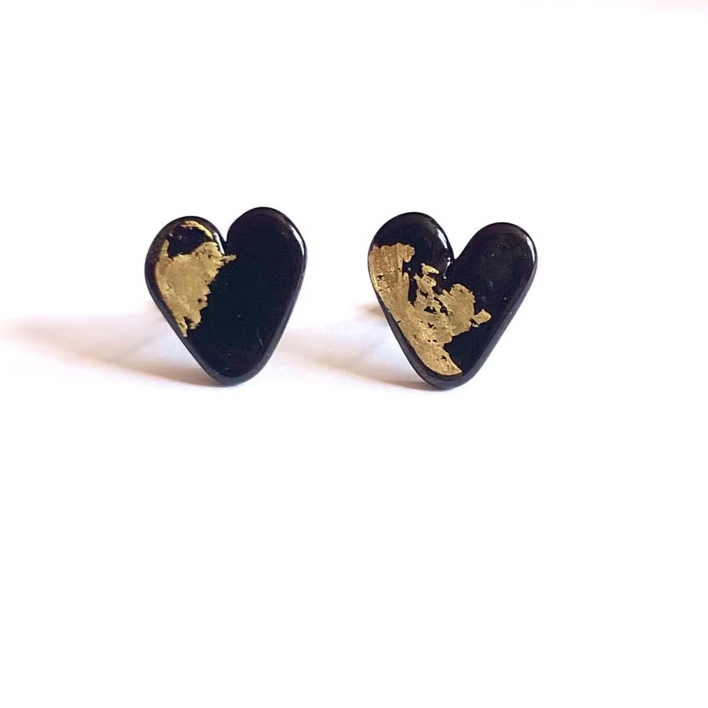 Black Gold Handmade Glass Heart Stud Earrings - The Little Jewellery Company
