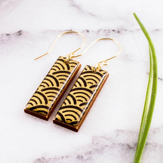 Black + Gold Wave Rectangle Earrings - The Little Jewellery Company