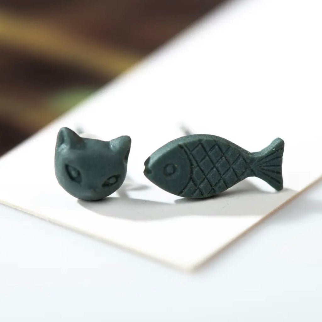 Black Mismatched Kitty/Fish Studs - The Little Jewellery Company