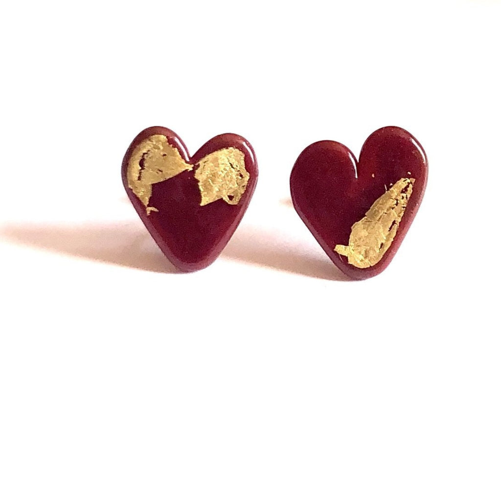 Burgundy Gold Handmade Glass Heart Stud Earrings - The Little Jewellery Company