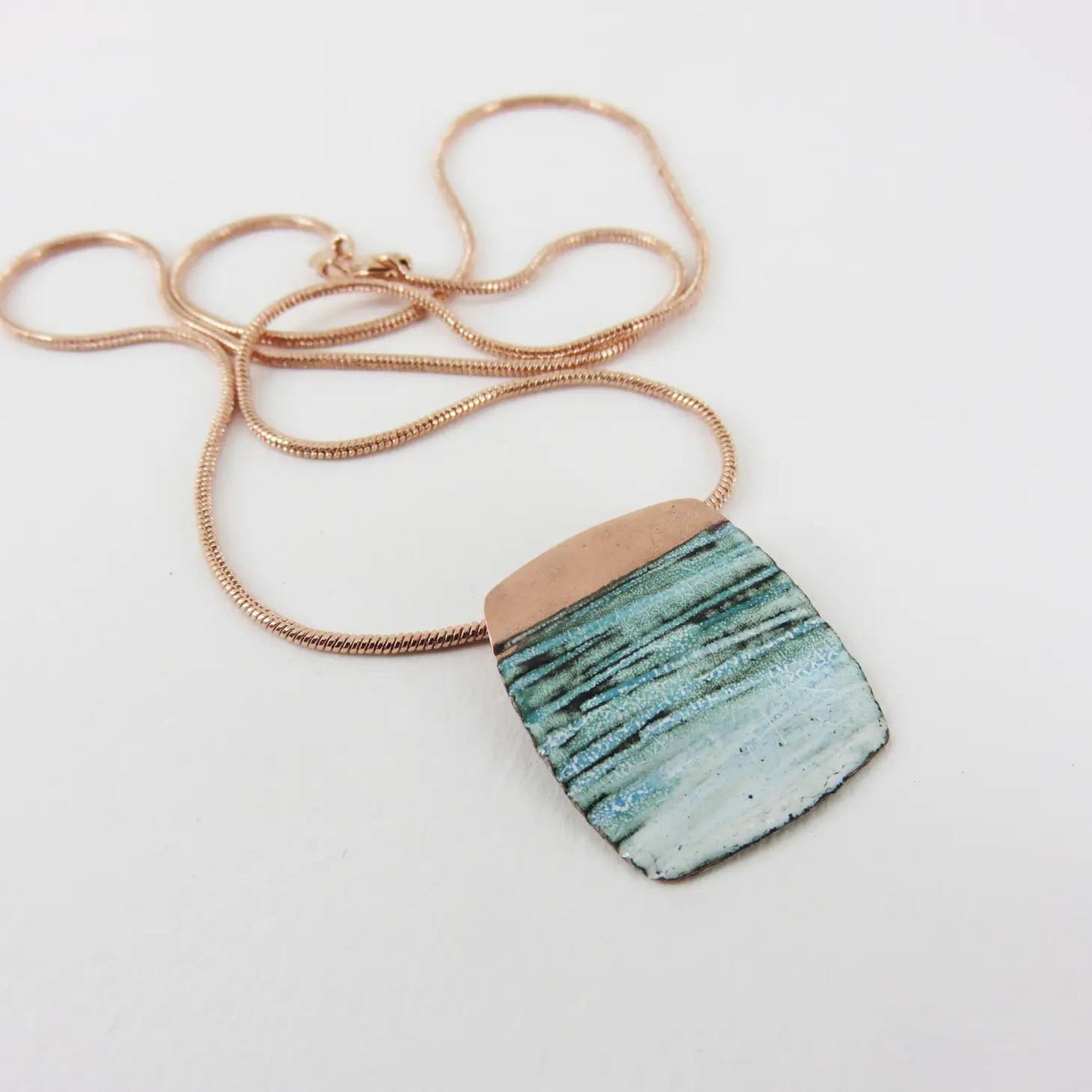 Copper and Enamel Textured Pendant in Teal and White - The Little Jewellery Company