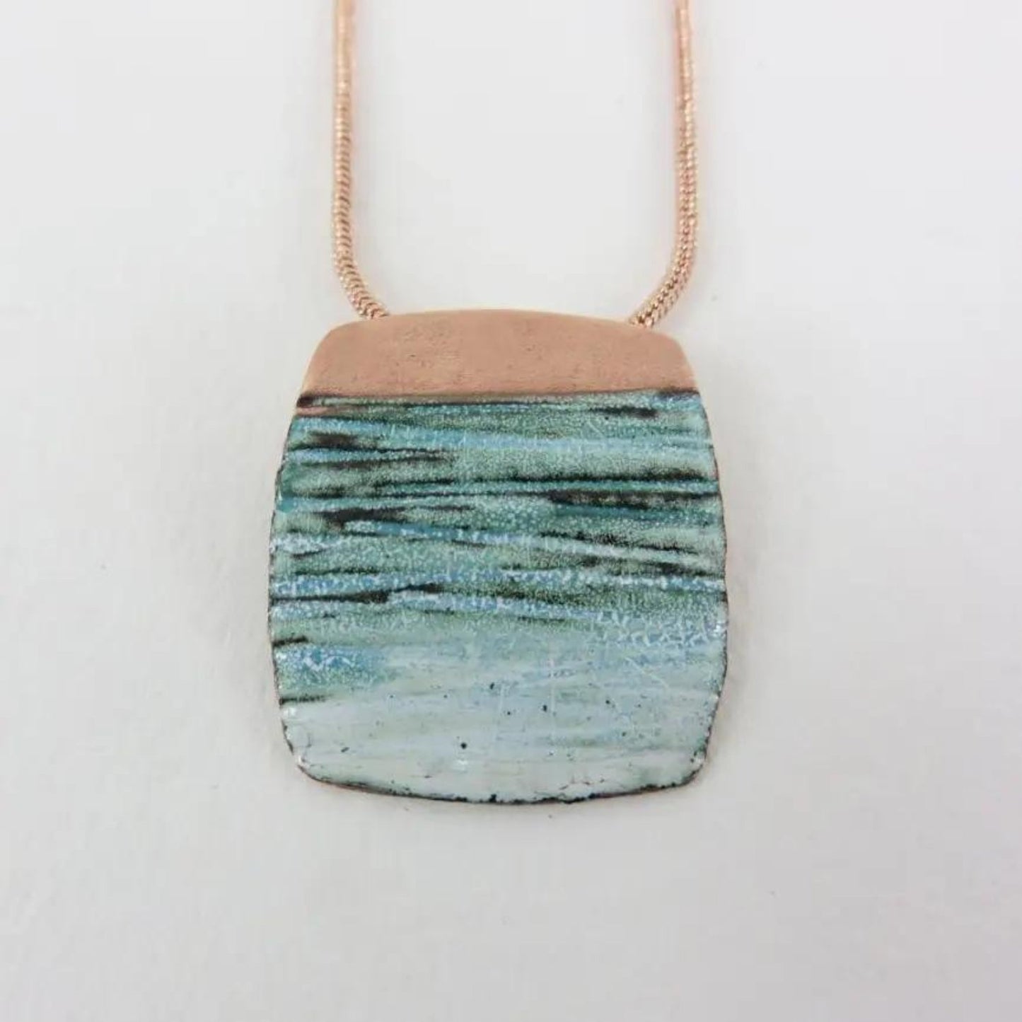 Copper and Enamel Textured Pendant in Teal and White - The Little Jewellery Company