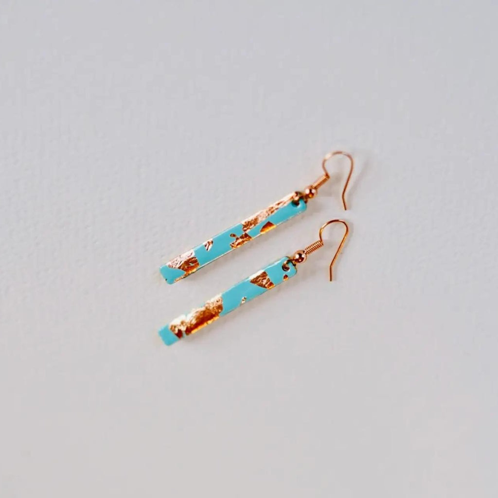 Copper Leaf and Enamel Bar Drop Earrings - The Little Jewellery Company