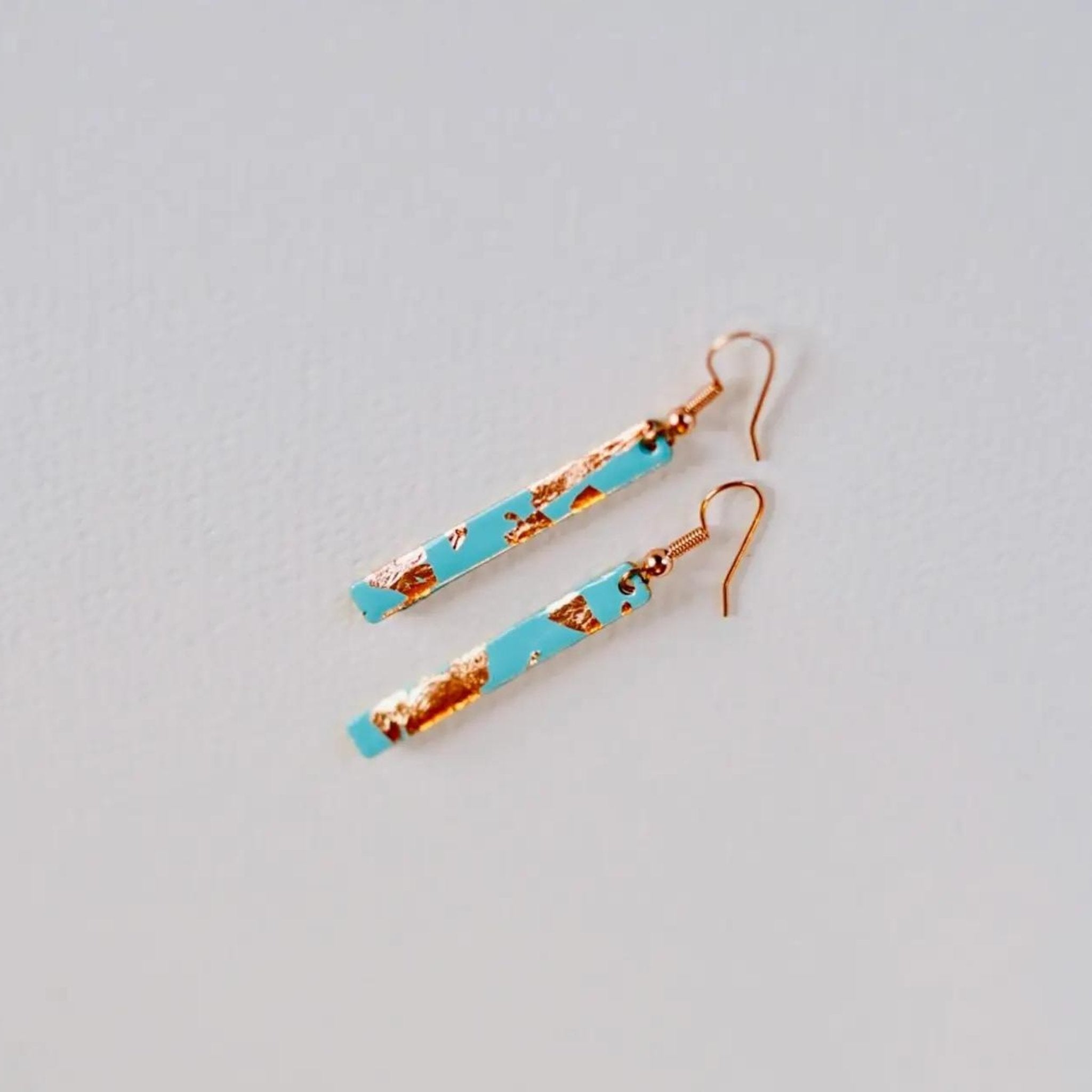 Copper Leaf and Enamel Bar Drop Earrings