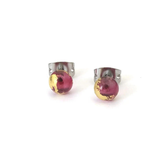 Cranberry Pink and Gold Handmade Glass Stud Earrings - The Little Jewellery Company