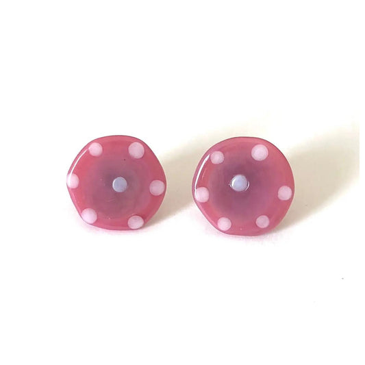 Dotty Raspberry Handmade Glass Button Stud Earrings - The Little Jewellery Company