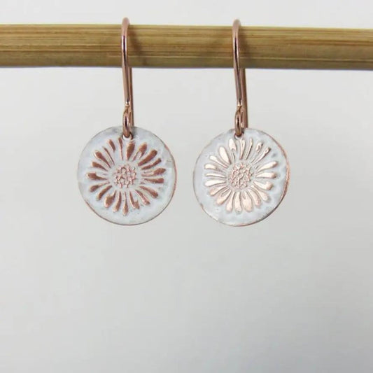 Enamel and Single Daisy Textured Copper Dangle Earrings - The Little Jewellery Company