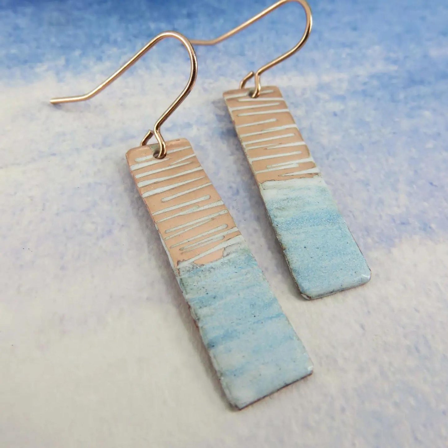 Enamel and Textured Rectangle Copper Dangle Drop Earrings - The Little Jewellery Company