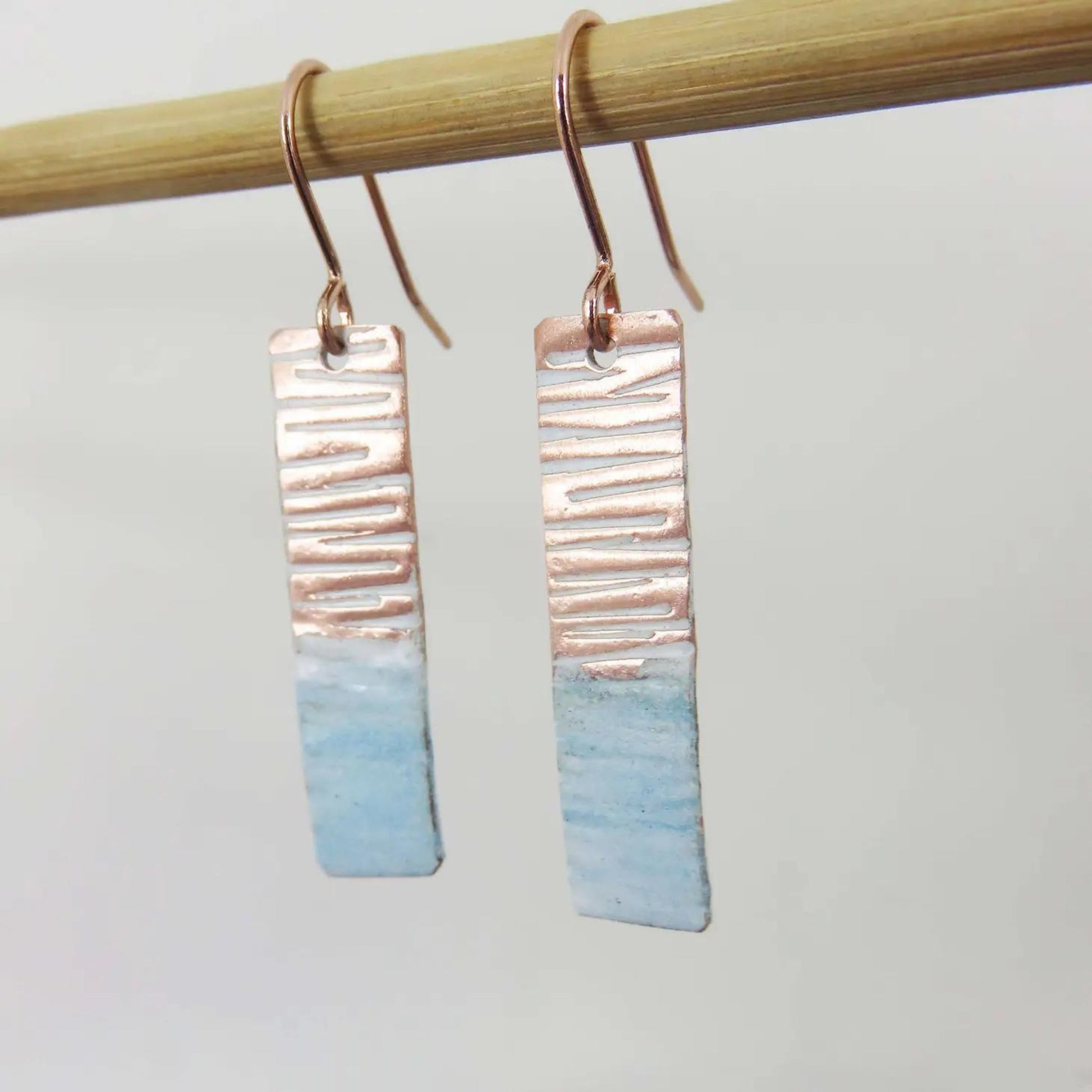 Enamel and Textured Rectangle Copper Dangle Drop Earrings - The Little Jewellery Company