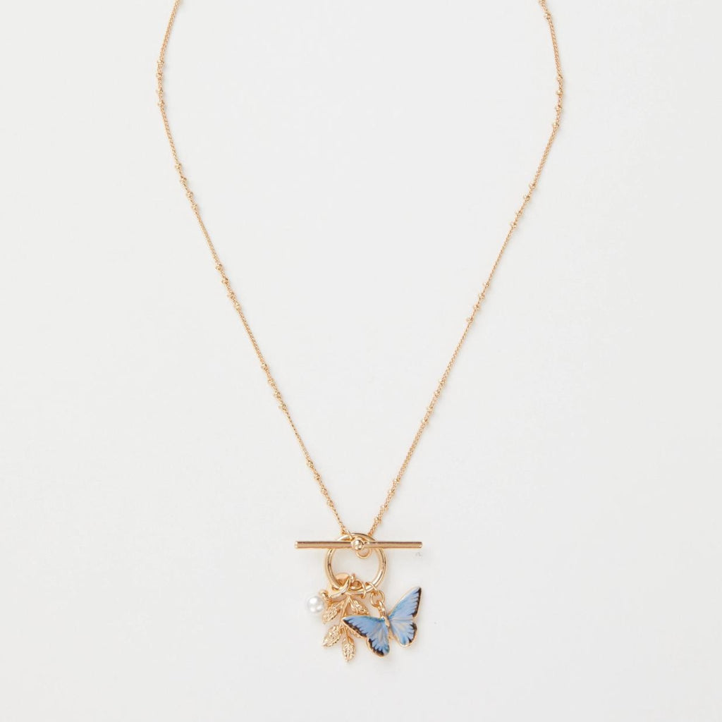 Enamel Blue Butterfly & Leaf Charm Necklace - The Little Jewellery Company