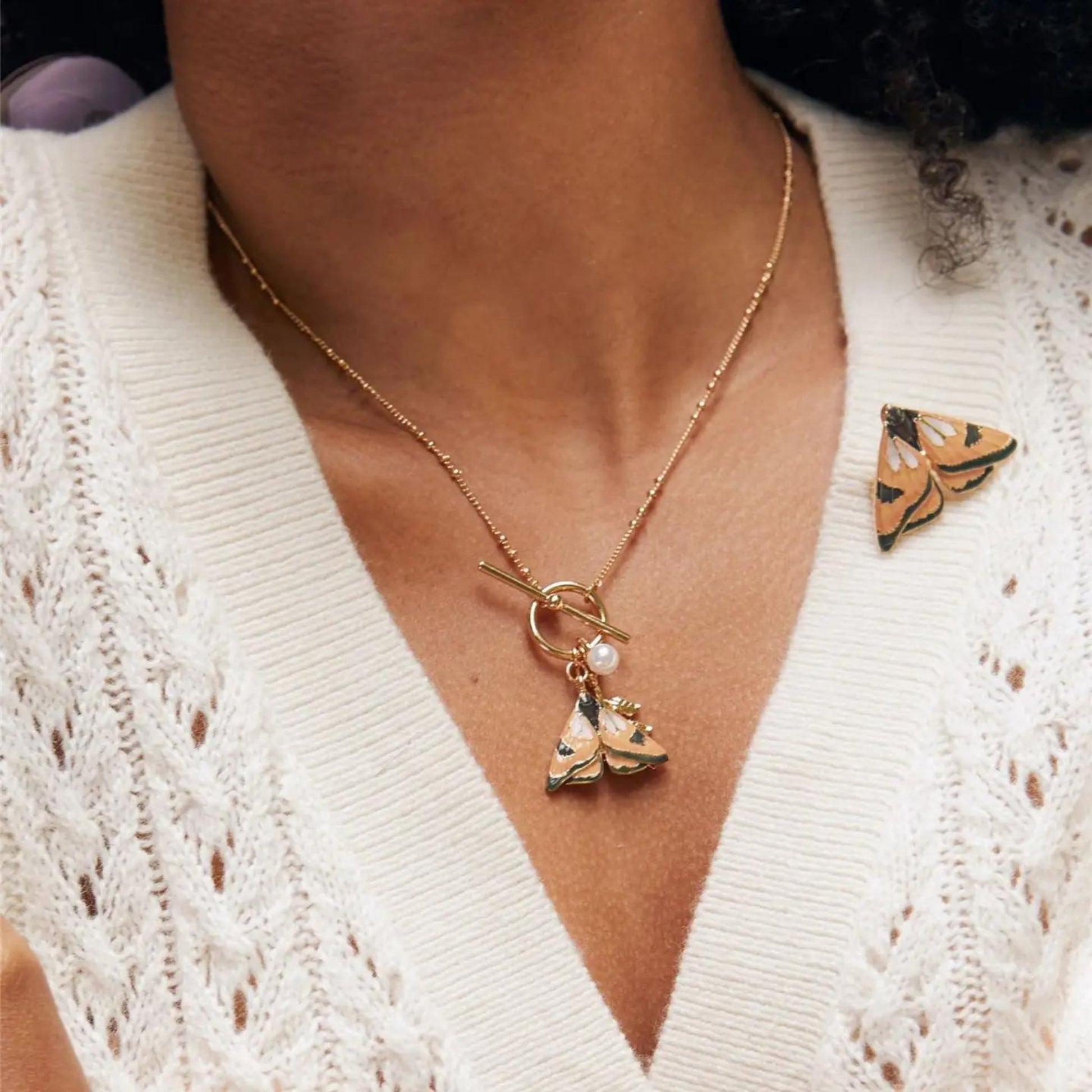 Enamel Moth & Leaf Charm Necklace - The Little Jewellery Company