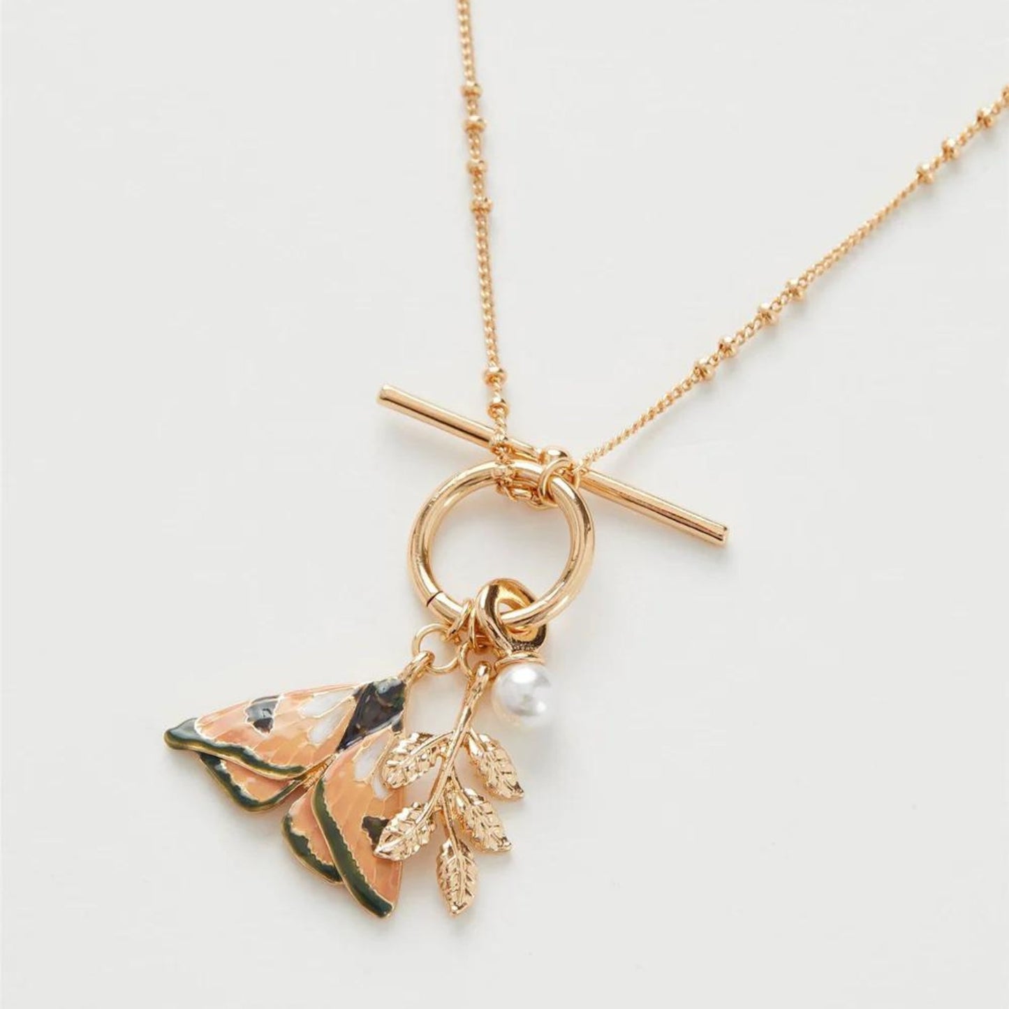 Enamel Moth & Leaf Charm Necklace - The Little Jewellery Company