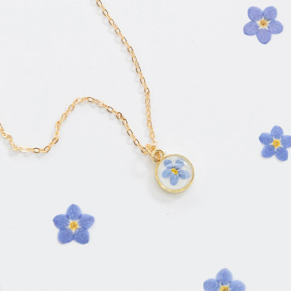 EVA Necklace With Dried Forget-Me-Not In Clear UV Resin - Gold Plated - The Little Jewellery Company