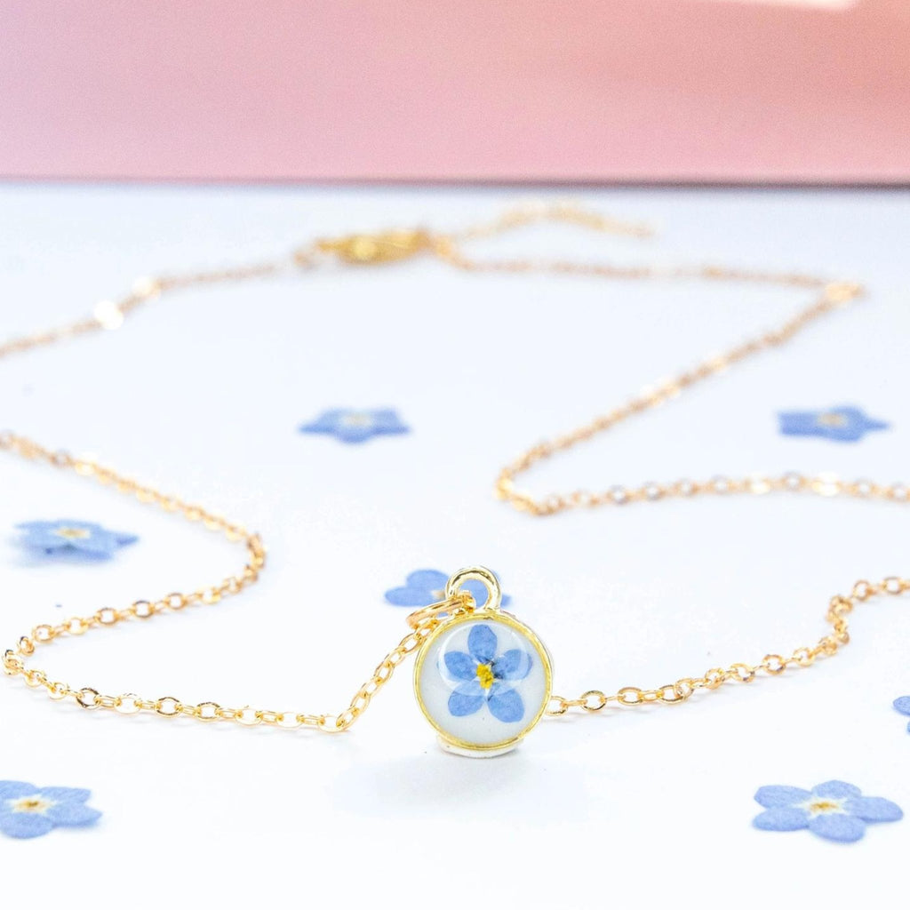 EVA Necklace With Dried Forget-Me-Not In Clear UV Resin - Gold Plated - The Little Jewellery Company
