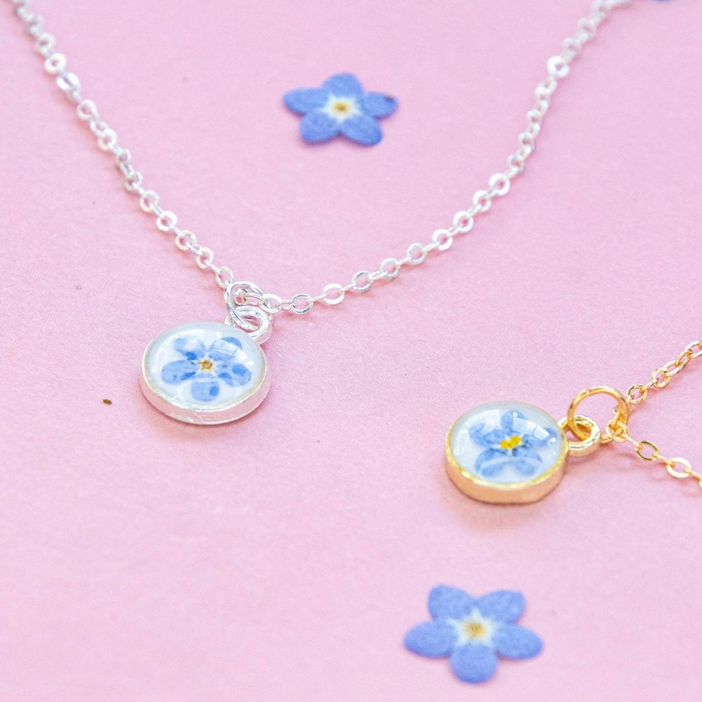 EVA Necklace With Dried Forget-Me-Not In Clear UV Resin - Silver Plated - The Little Jewellery Company