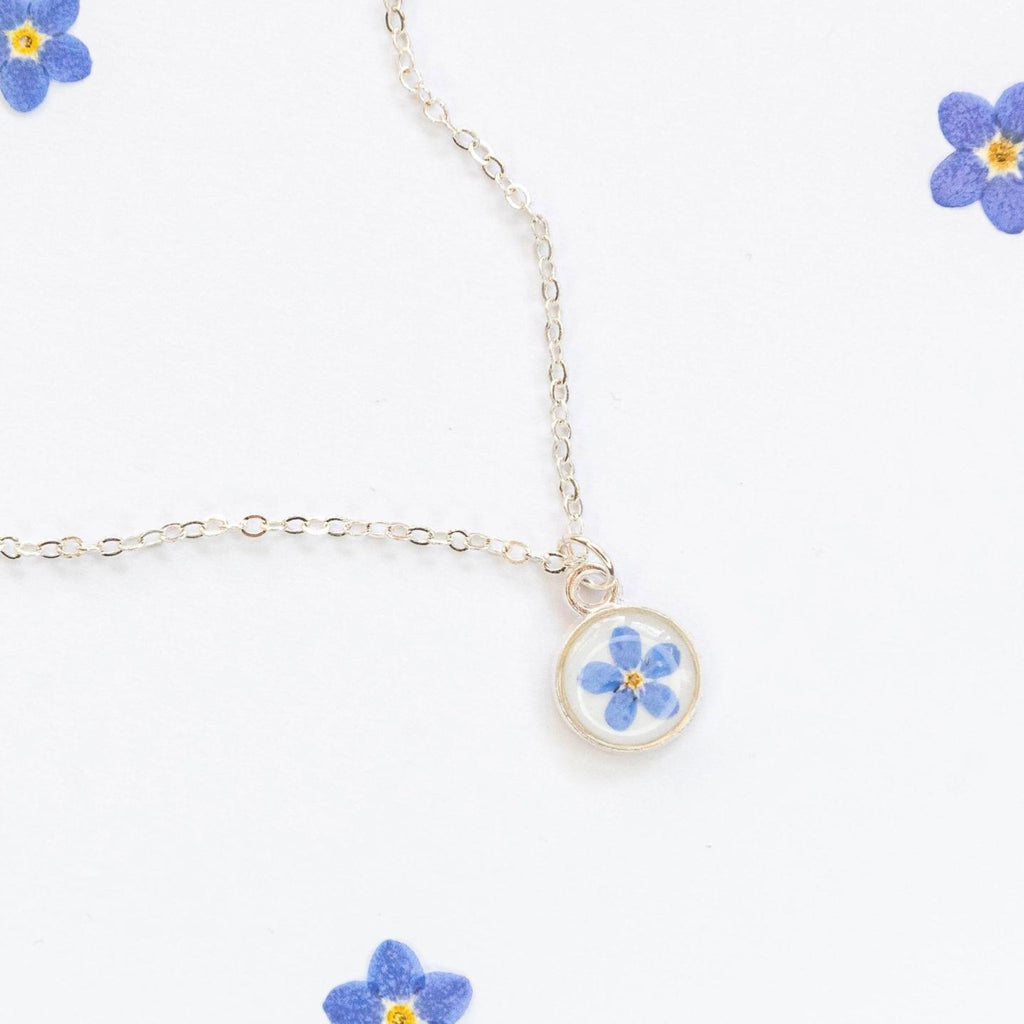 EVA Necklace With Dried Forget-Me-Not In Clear UV Resin - Silver Plated - The Little Jewellery Company