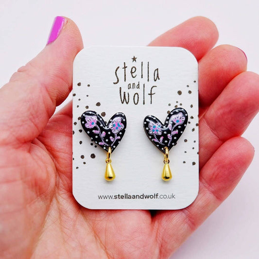 Floral Folk Heart Earrings - The Little Jewellery Company