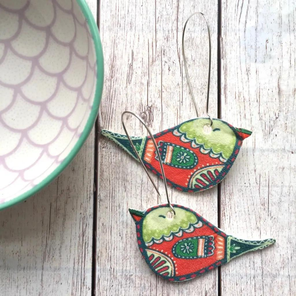 Folk Art Bird Drop Earrings - The Little Jewellery Company