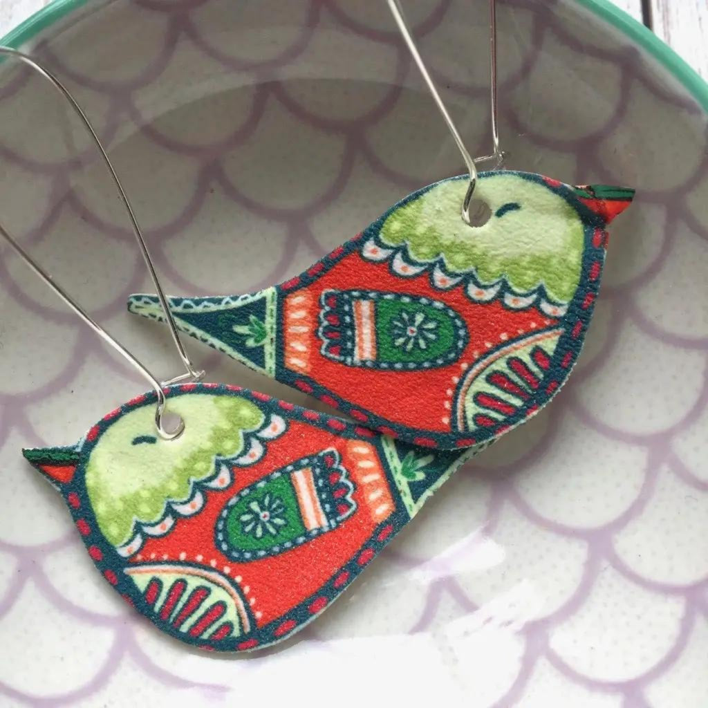 Folk Art Bird Drop Earrings - The Little Jewellery Company
