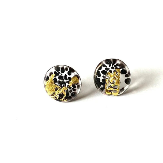 Glass and Gold Midi Mottled Stud Earrings, Dalmatian - The Little Jewellery Company