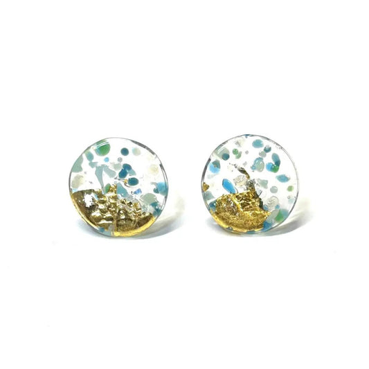 Glass and Gold Midi Stud Earrings - Seafoam - The Little Jewellery Company