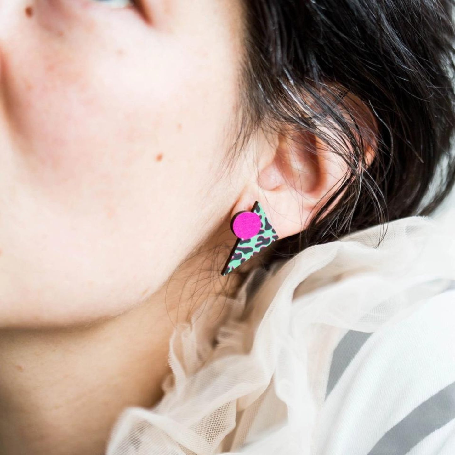 Gloria - Leopard Print Green & Pink Triangle Studs Earrings - The Little Jewellery Company