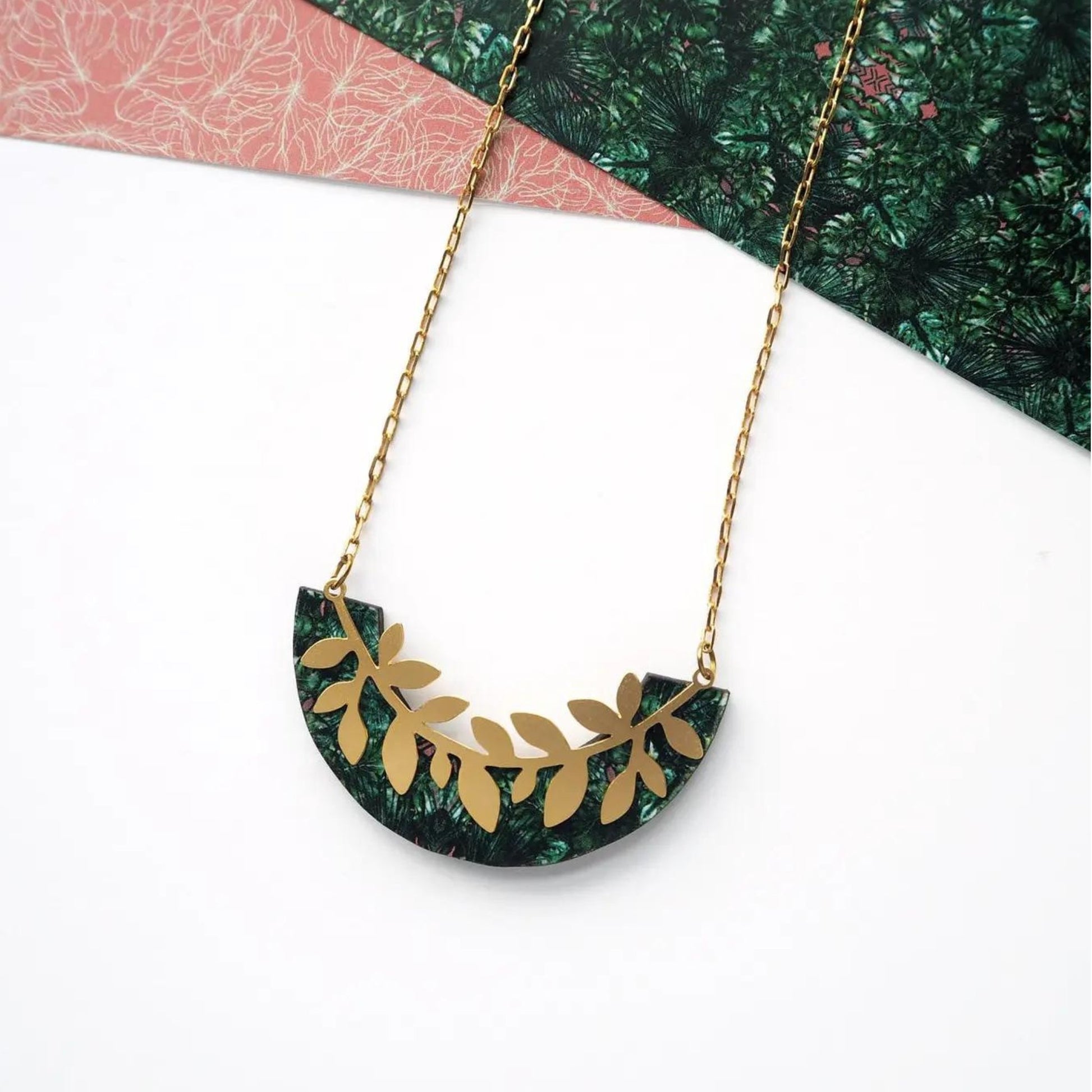 Gold & Green Branch Leaf Necklace - The Little Jewellery Company