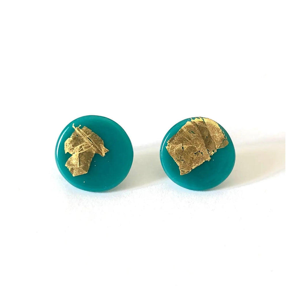 Gold Teal Handmade Glass Button Studs - The Little Jewellery Company