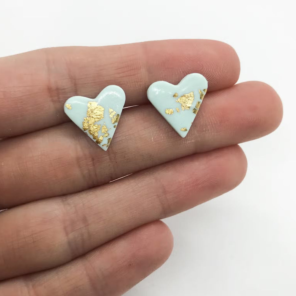 Green & Gold Leaf Polymer Clay Heart Birthday Studs - The Little Jewellery Company