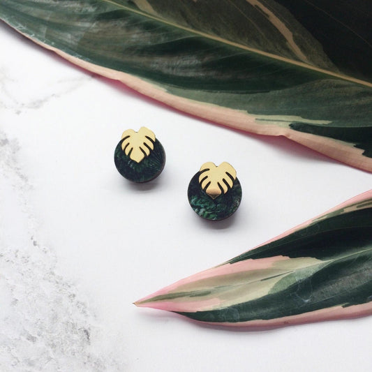 Green & Gold Monstera Stud Earrings - The Little Jewellery Company