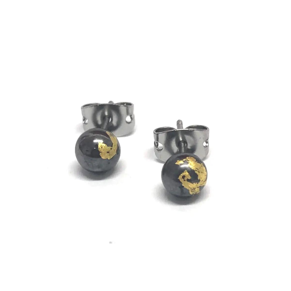 Gunmetal and Gold Handmade Glass Stud Earrings - The Little Jewellery Company