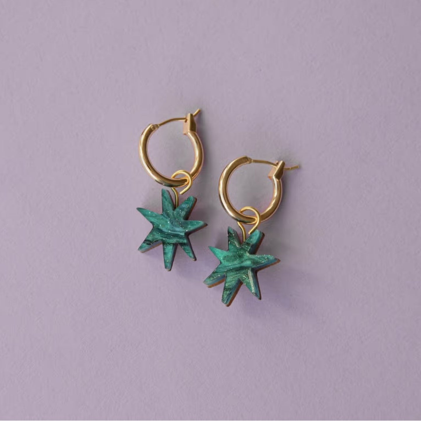 Hand Drawn Star Hoops in Marble Teal Sparkle - The Little Jewellery Company