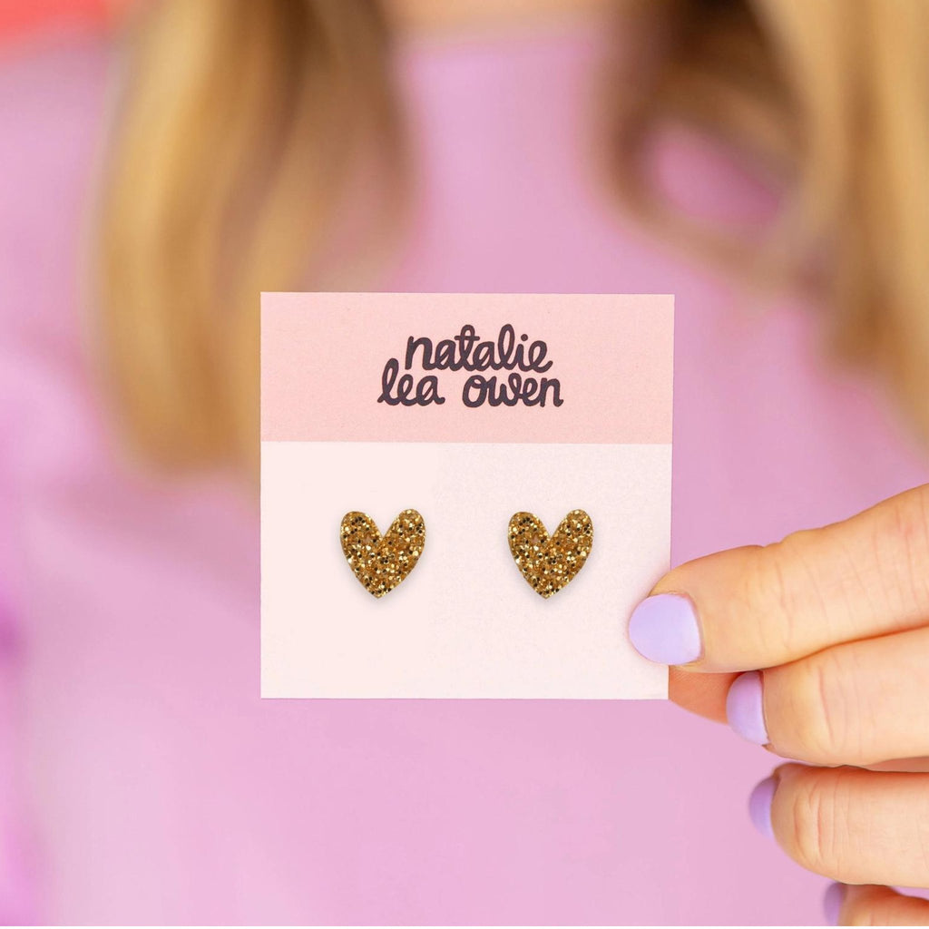 Heart Stud Earrings - Gold Glitter - The Little Jewellery Company