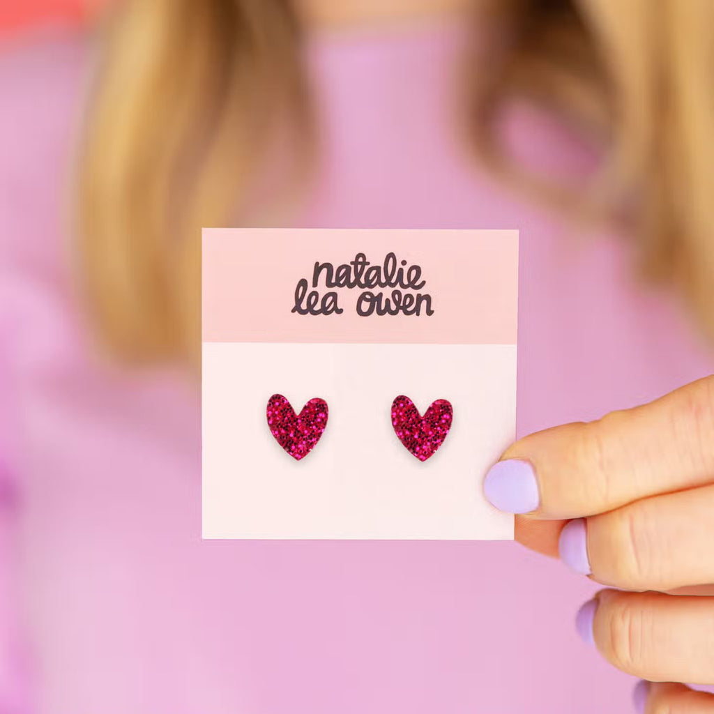 Heart Stud Earrings - Hot Pink Glitter - The Little Jewellery Company