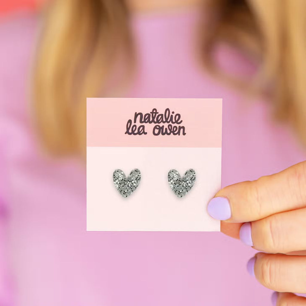 Heart Stud Earrings - Silver Glitter - The Little Jewellery Company
