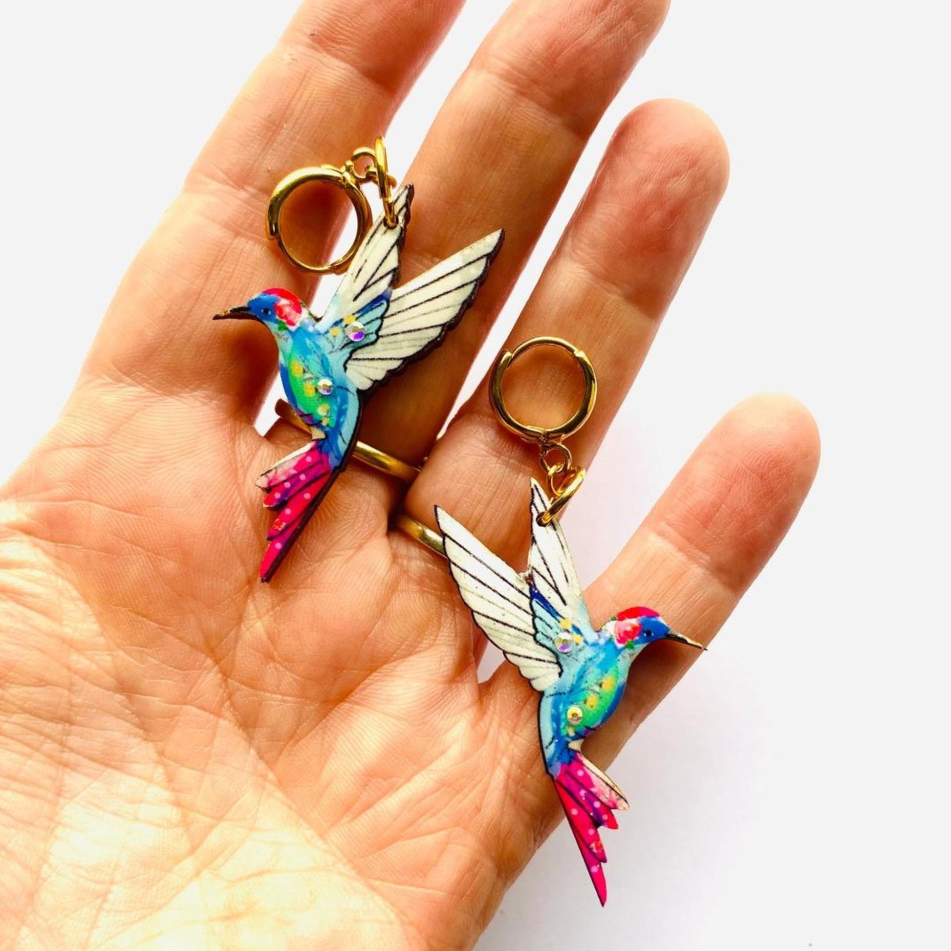 Hummingbird Earrings on Gold Plated Huggie Hoops - The Little Jewellery Company