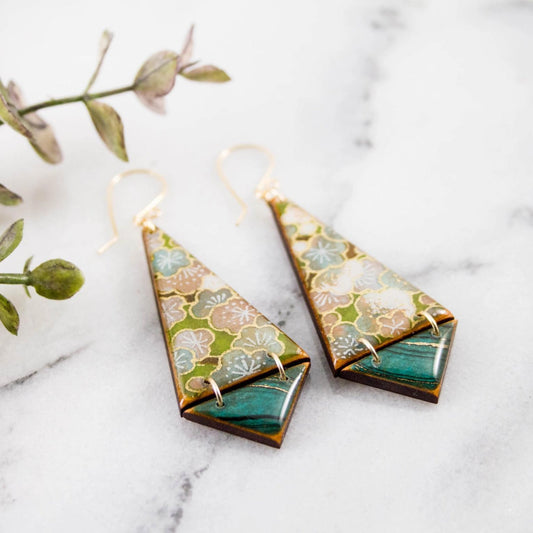 Japanese Double Triangle Earrings- Green Floral - The Little Jewellery Company