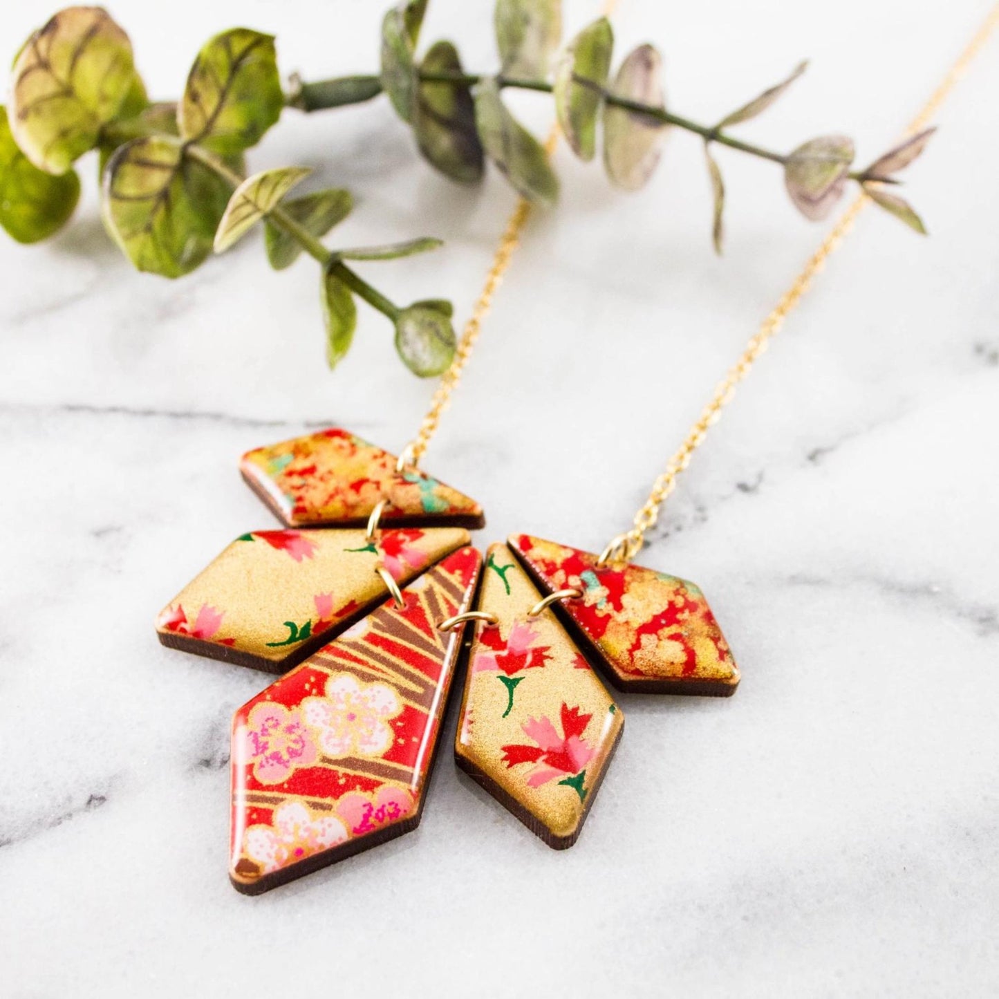 Japanese Geometric Petal Necklace... Red + Gold - The Little Jewellery Company