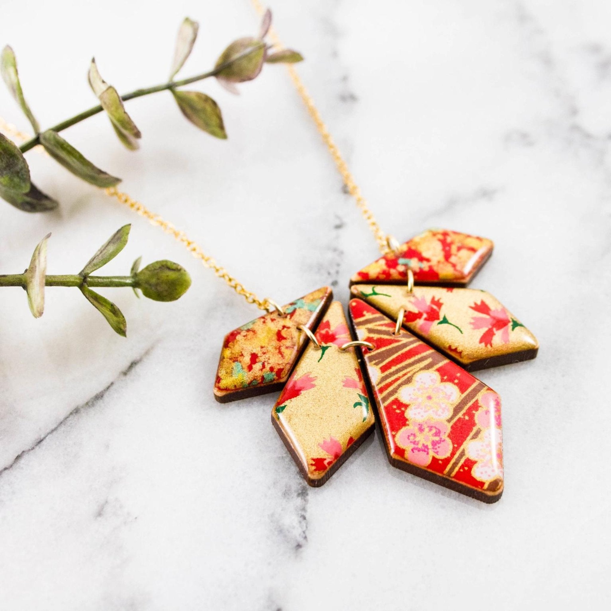 Japanese Geometric Petal Necklace... Red + Gold