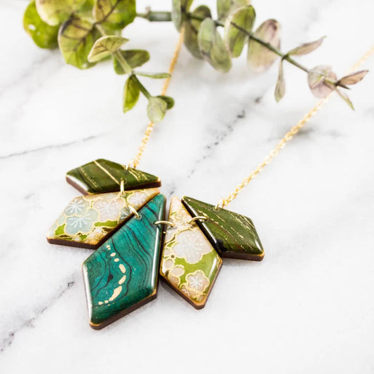 Japanese Geometric Petal Necklace... Turquoise + Green - The Little Jewellery Company