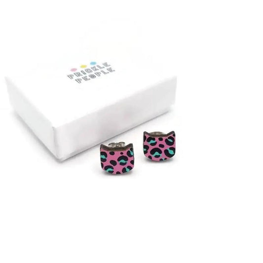 Leopard Print Cat Studs - Pink - The Little Jewellery Company