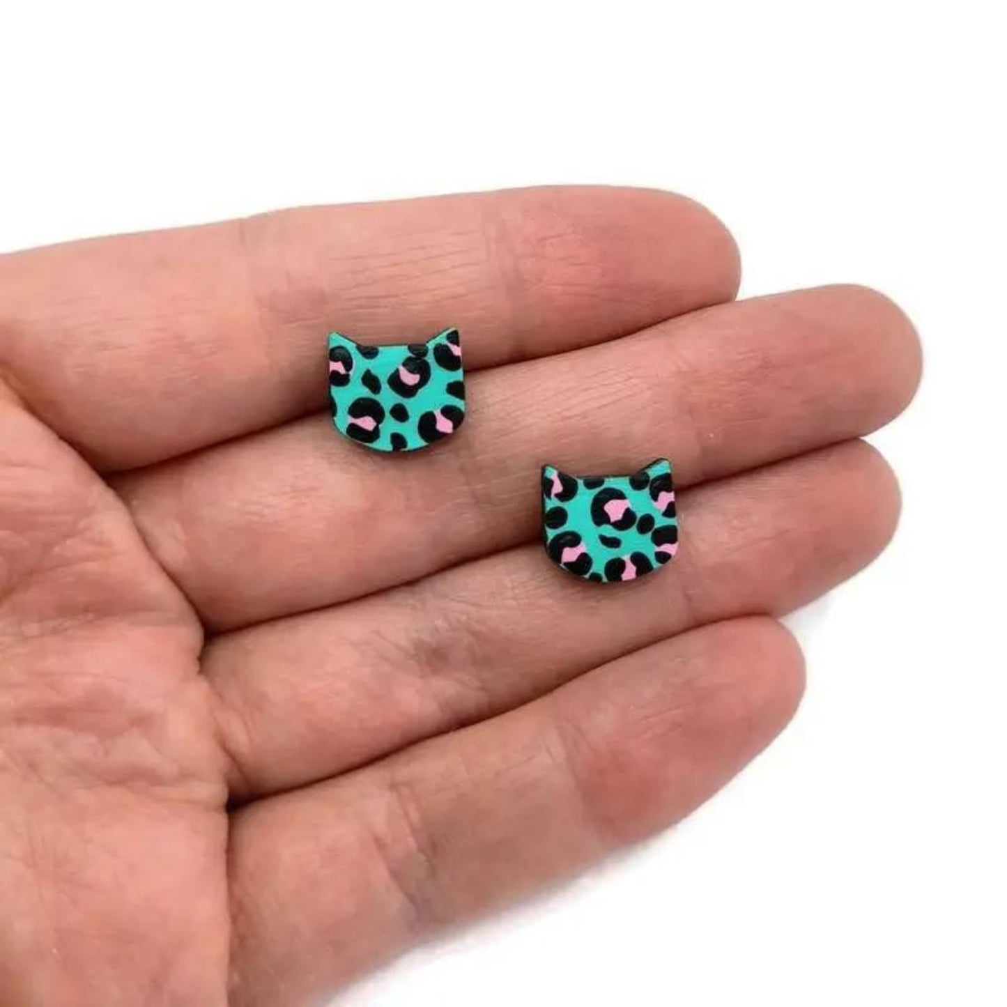 Leopard Print Cat Studs - Turquoise - The Little Jewellery Company