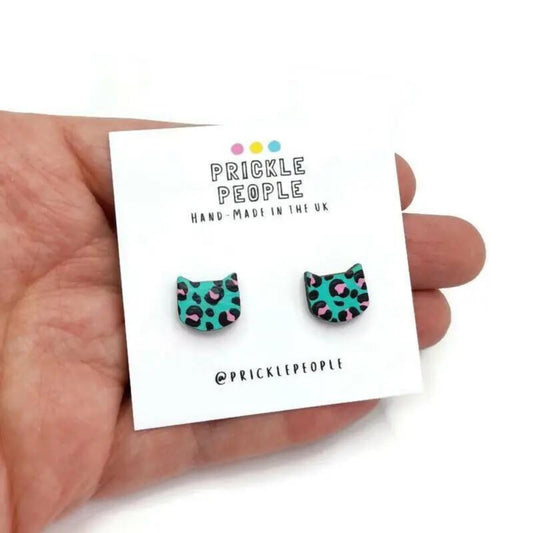 Leopard Print Cat Studs - Turquoise - The Little Jewellery Company