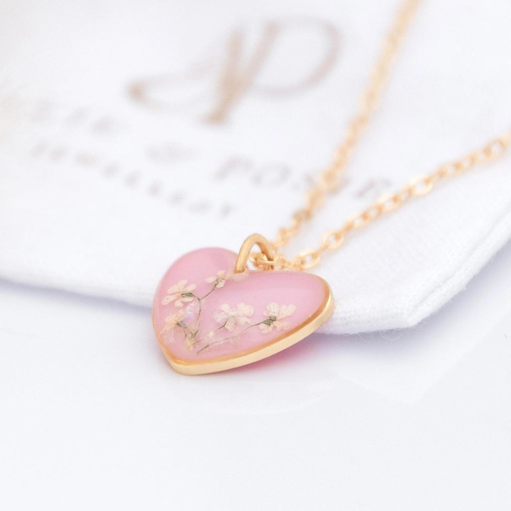Light Pink Heart Necklace With Real White Flowers In Resin - The Little Jewellery Company