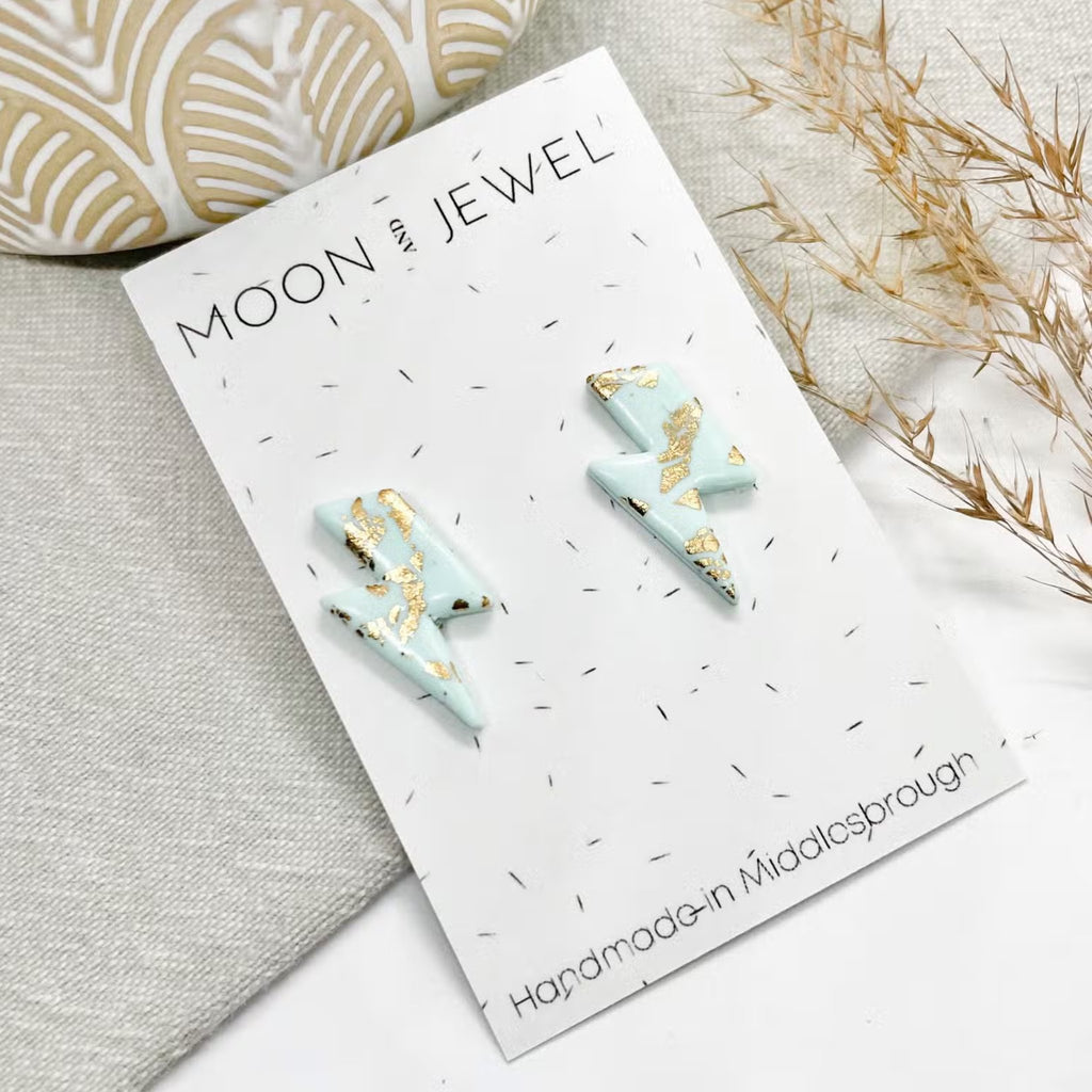 Lightning Bolt Studs - Green and Gold Leaf - The Little Jewellery Company