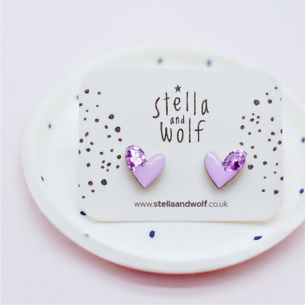 Lilac Glitter Heart Earrings - The Little Jewellery Company