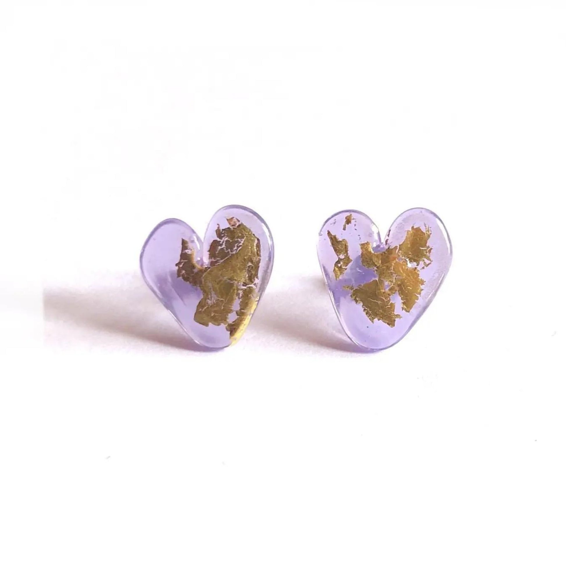 Lilac Gold Handmade Glass Heart Stud Earrings - The Little Jewellery Company