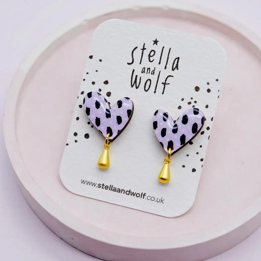Lilac Polka Dot Heart Earrings - The Little Jewellery Company
